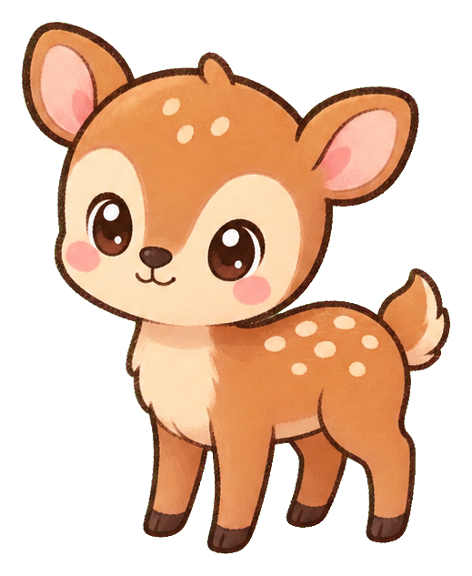 Cute pastel deer with big eyes, spots, and a friendly smile.