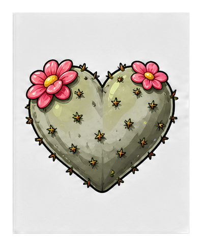 Heart-shaped cactus pad with pink flowers on top and small spines.