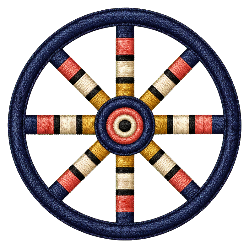 Embroidered dharma wheel with colored spokes on a dark circular border