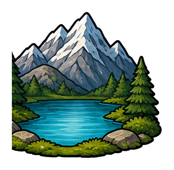 Snowy mountains above a blue mountain lake with pine trees and rocks