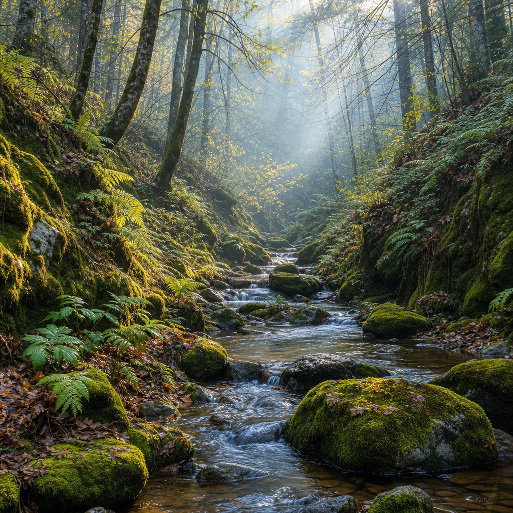 Moss-covered woodland stream flowing through a misty forest ravine at dawn