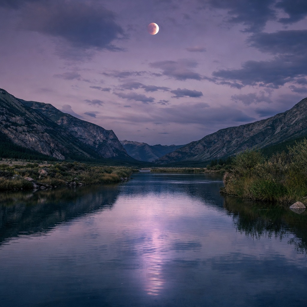 Moonlit river reflecting a cloudy night sky above a valley between dark mountains.