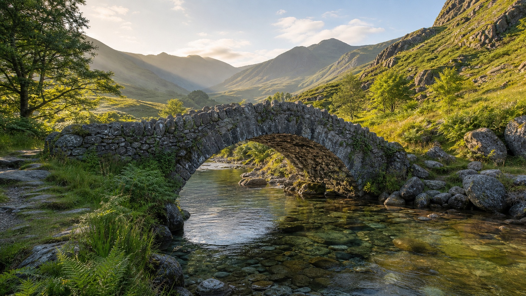 Stone bridge crossing a river in a green mountain valley at sunset.