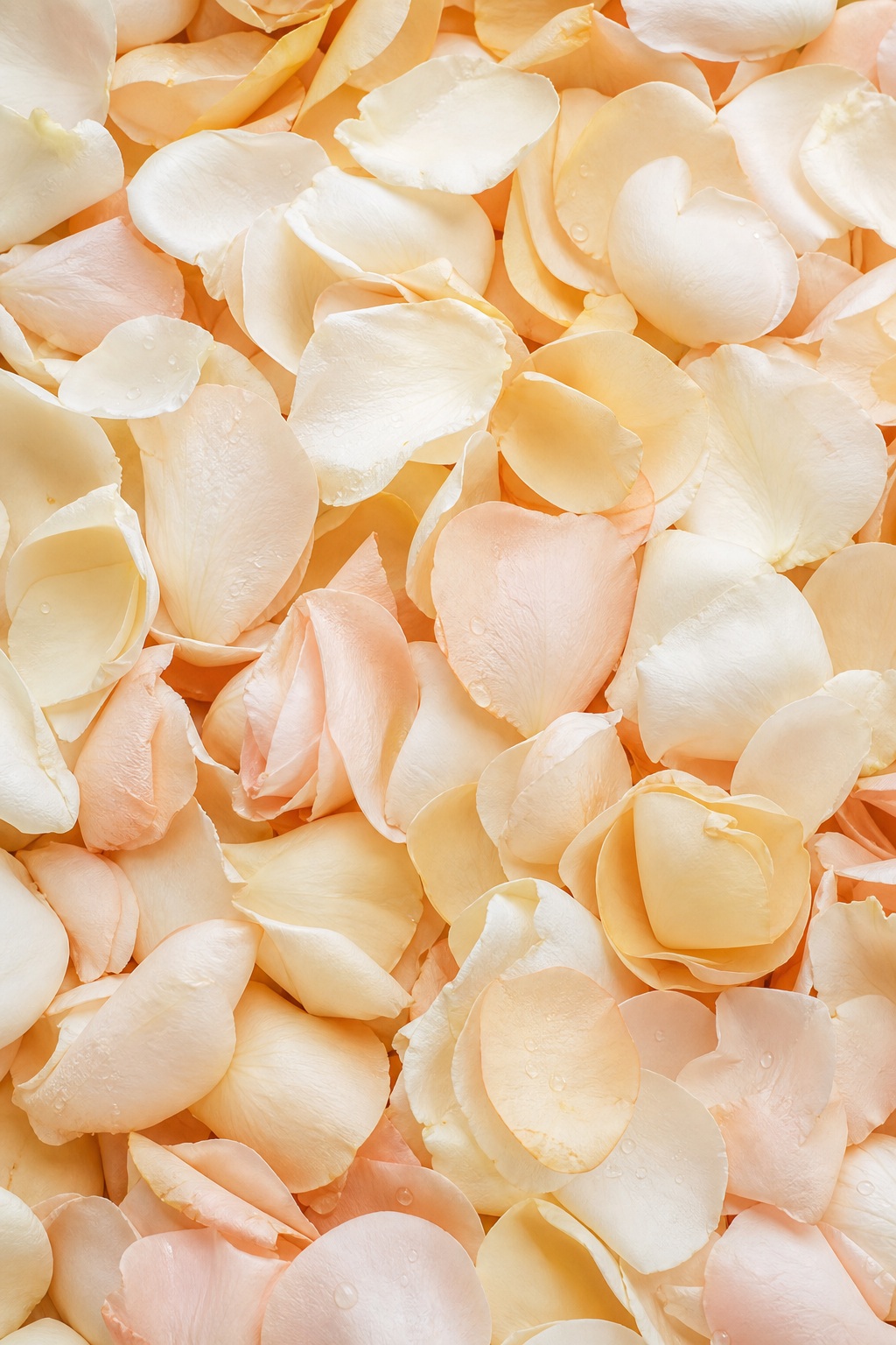 Close-up of soft ivory and champagne rose petals layered together