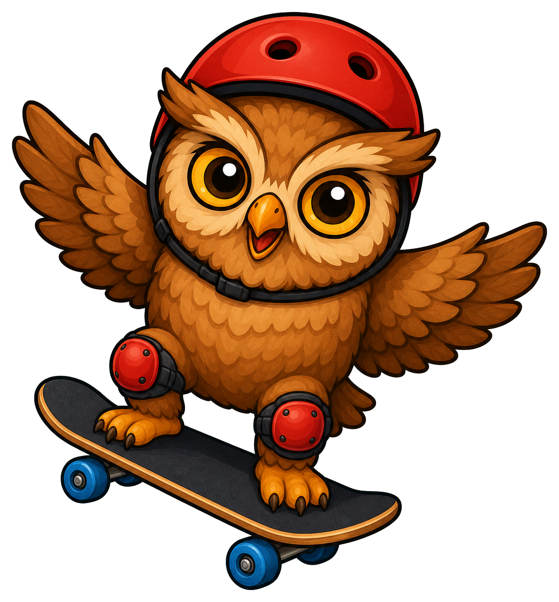 Cute owl wearing a red helmet and pads riding a skateboard.