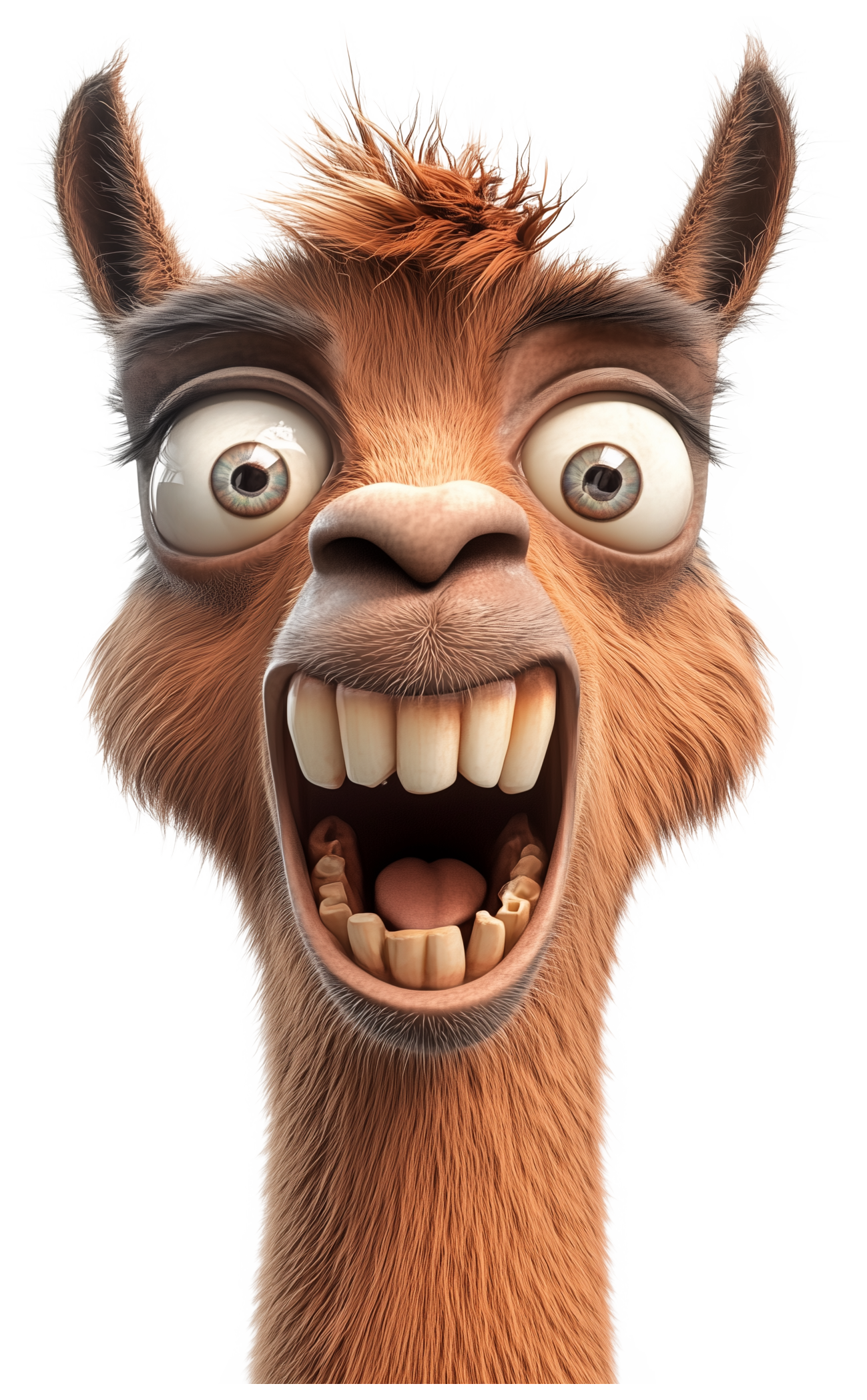 A surprised cartoon llama head with wide eyes and open mouth.