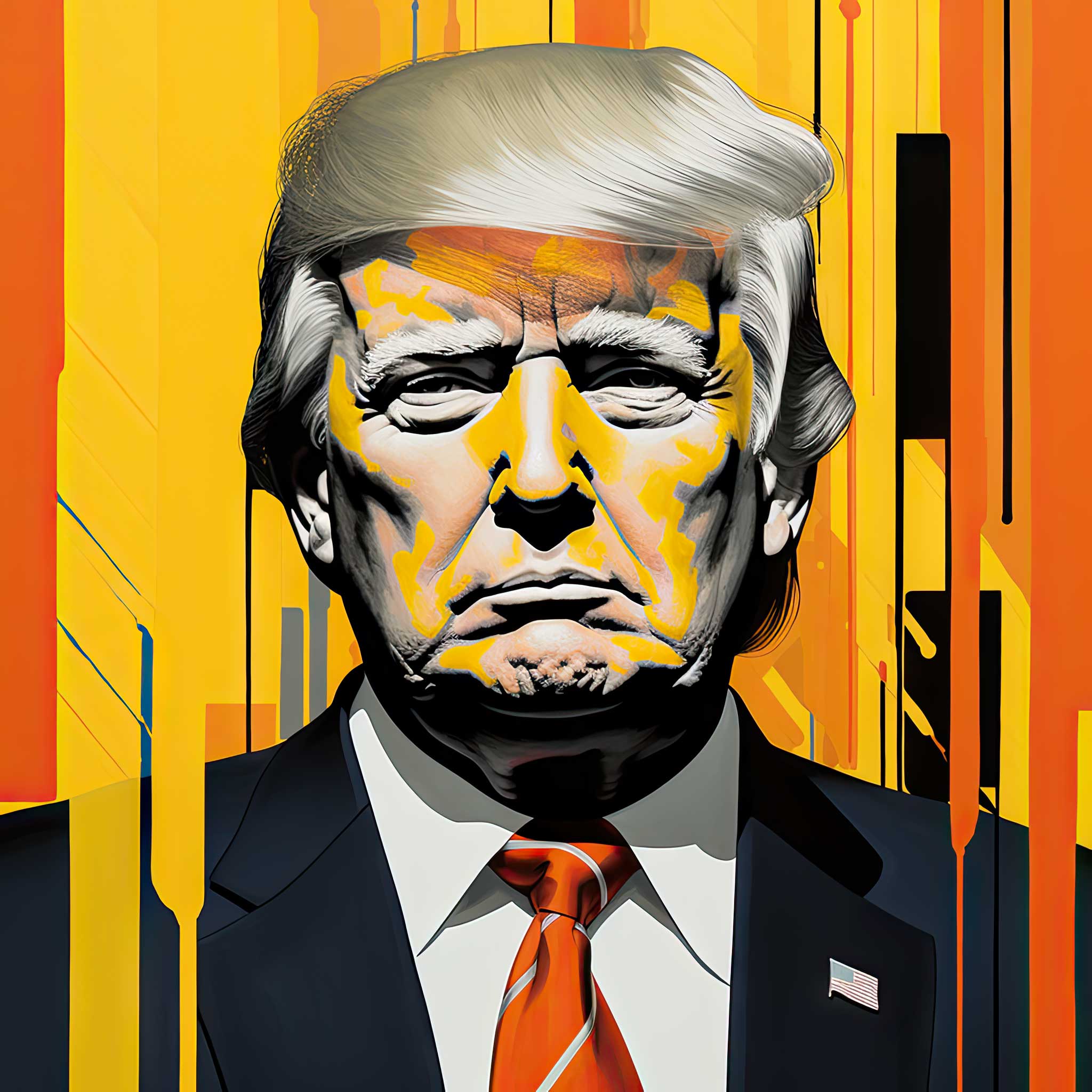 Stylized portrait of Donald Trump with orange and yellow hues