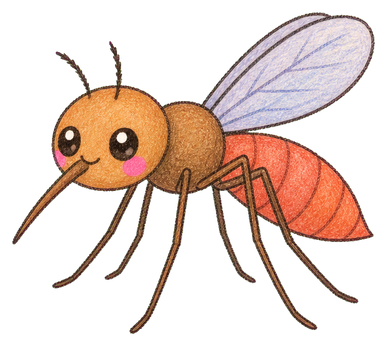 Cute kawaii mosquito with wings, long legs, and pink cheeks.