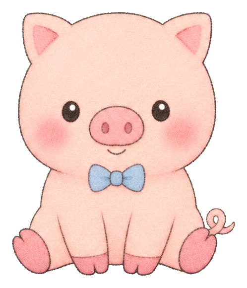 Cute pink pig sitting with a blue bow tie and rosy cheeks