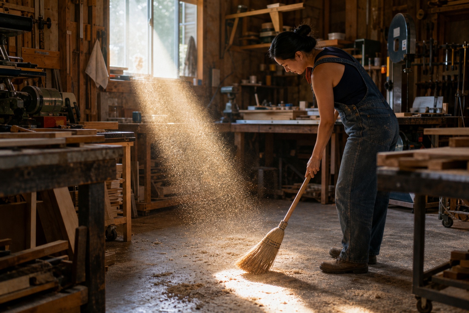 Person sweeping sawdust in a workshop with a bright sunbeam through the dust.