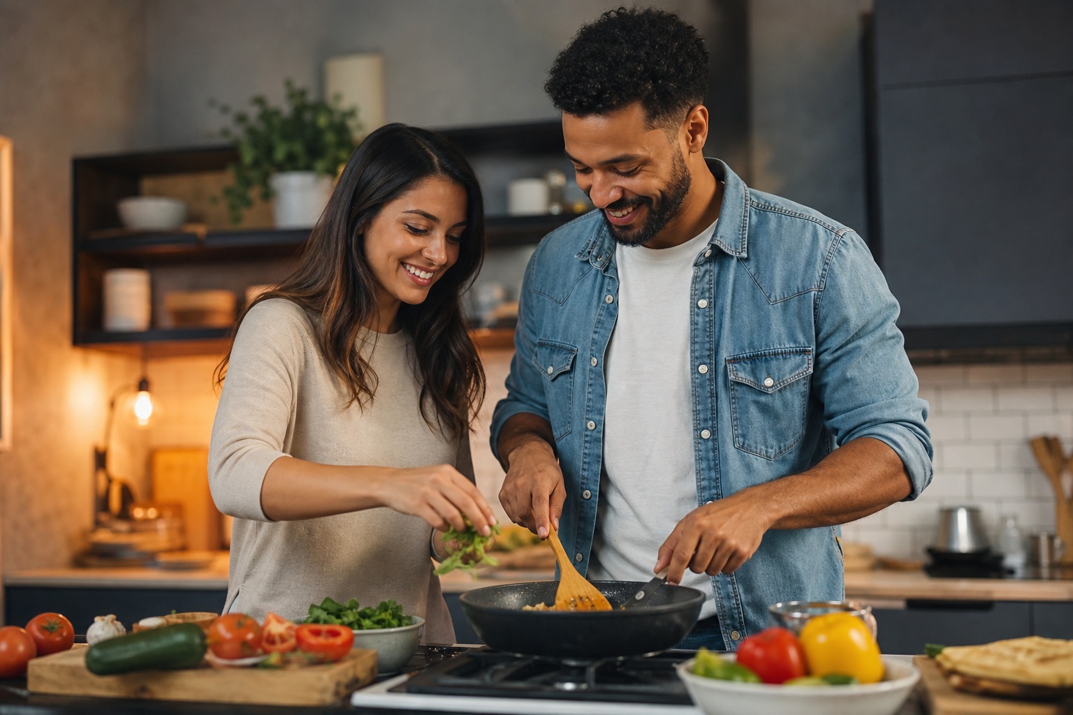 Happy couple cooking together in a modern kitchen with fresh ingredients on the counter.