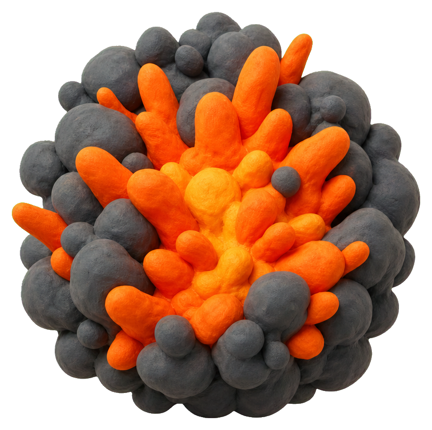 Claymation-style round explosion with orange fire and dark smoke clouds.