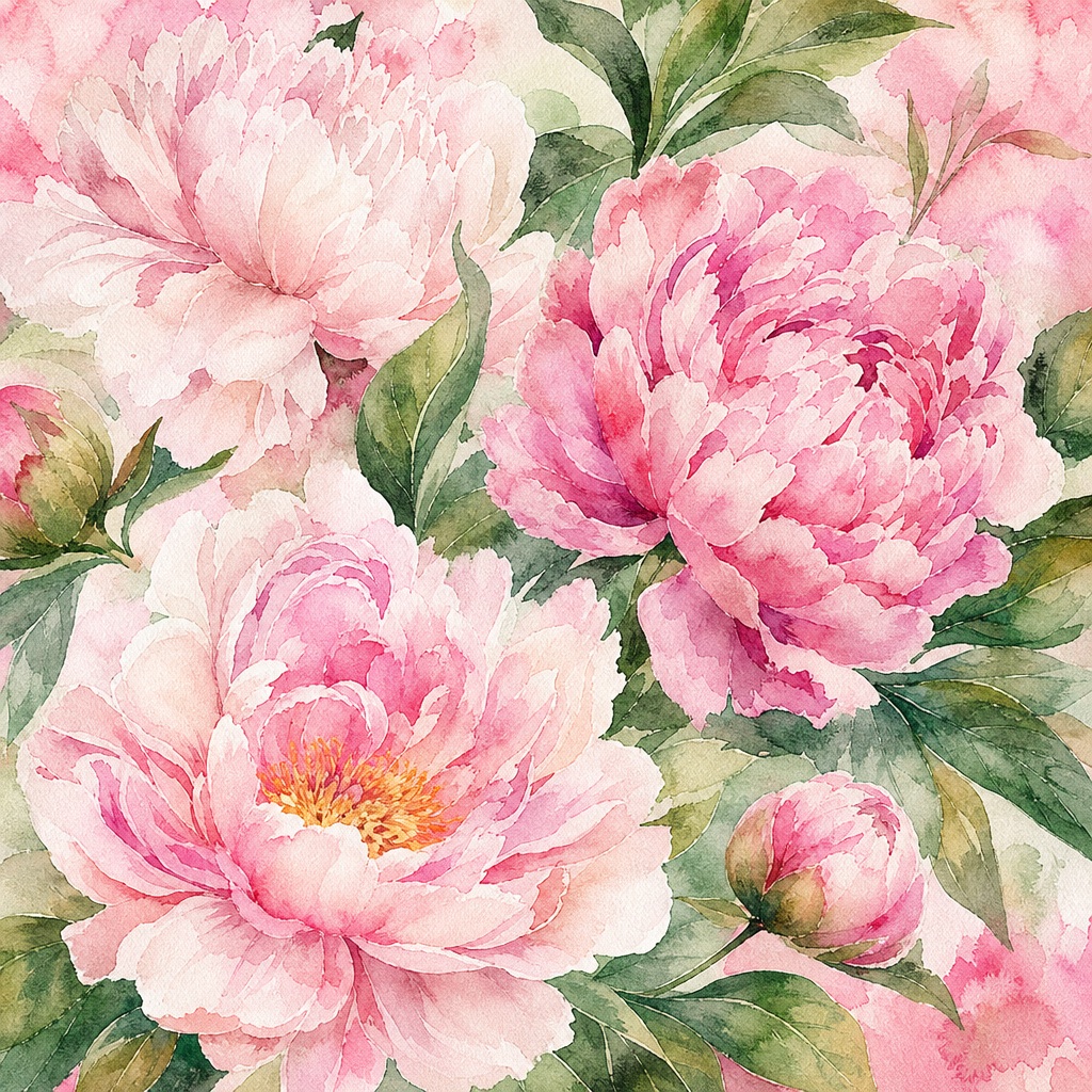 Square watercolor painting of pink peonies and green leaves on a soft floral background.