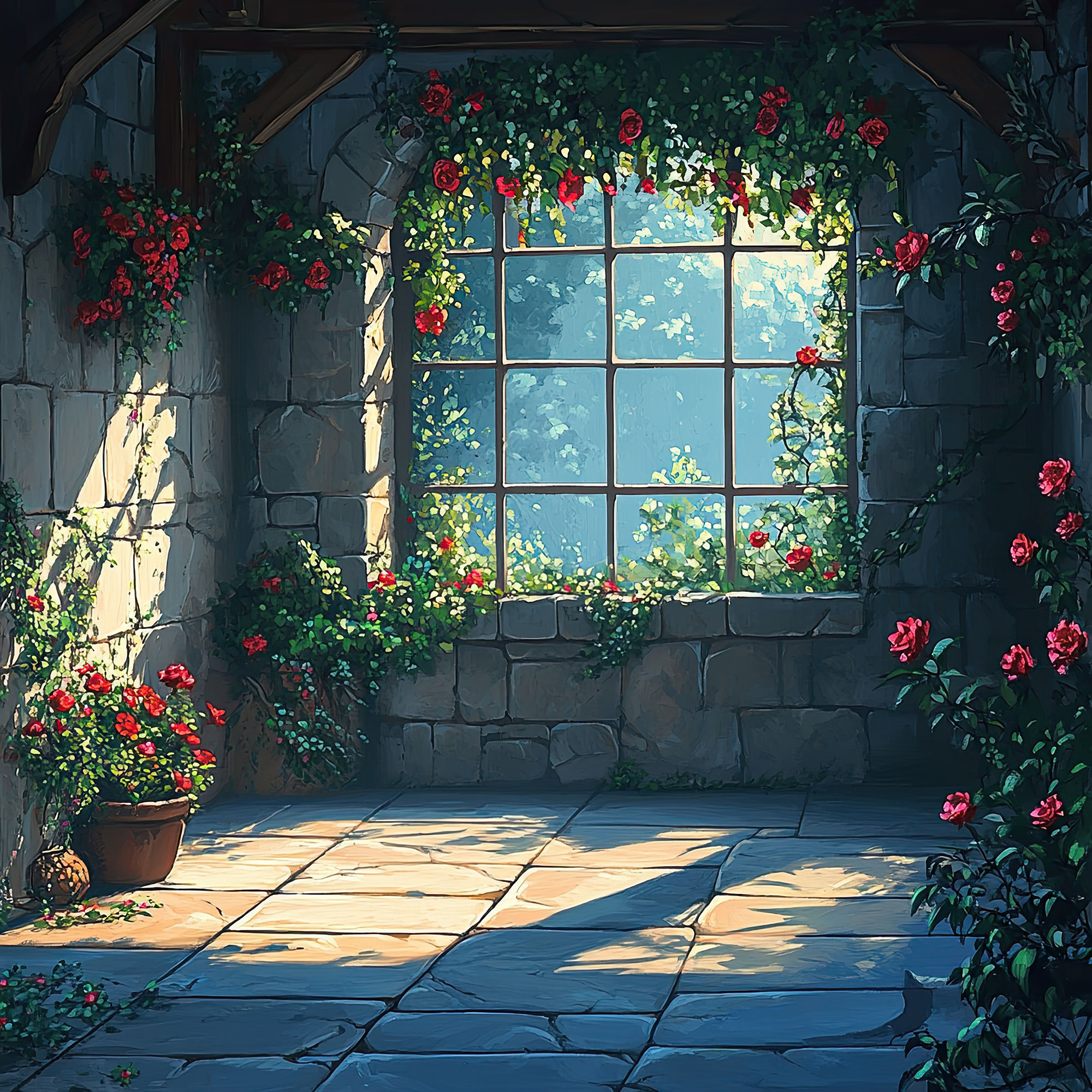 Preview for Serene-stone-room-with-red-flowers-interior-backdrop-background-8001c
