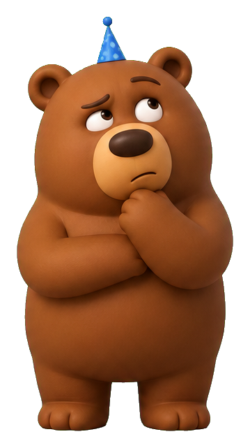 Brown bear wearing a tiny blue party hat and resting one paw on its chin.