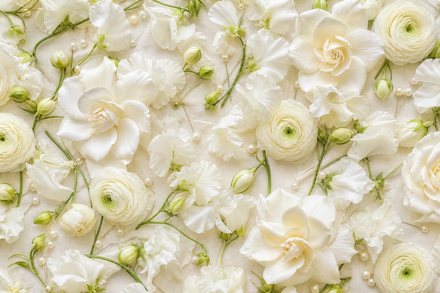 Ivory and cream flowers arranged as a soft botanical flatlay background