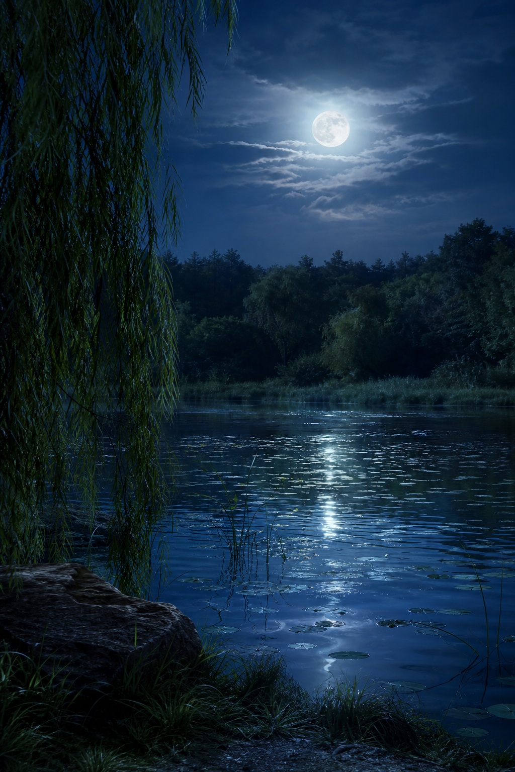 Moonlit pond with willow branches, dark trees, and shimmering reflections on the water.
