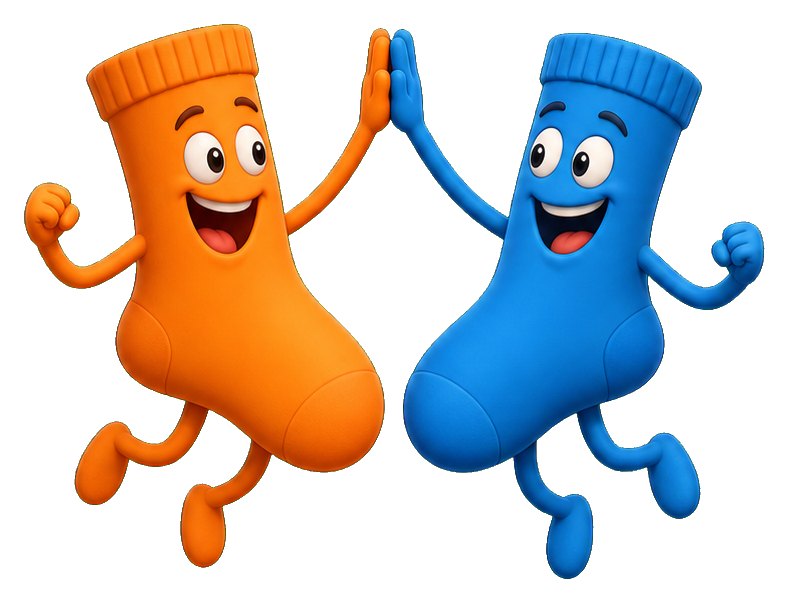 Two smiling cartoon mismatched socks giving a high five.