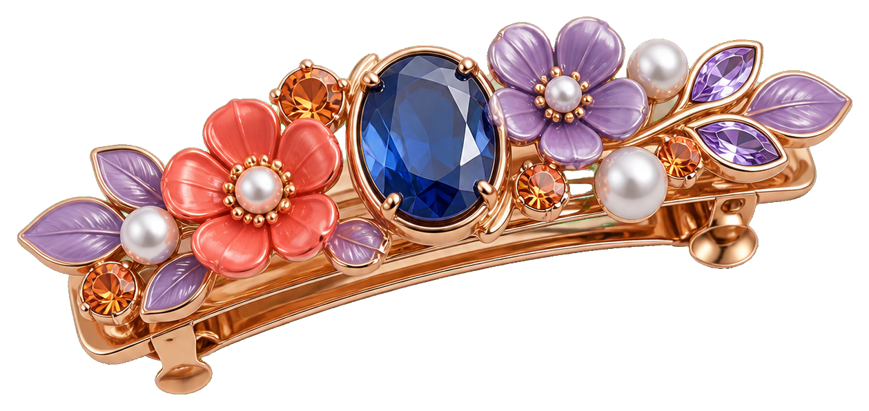 Ornate gold hair clip with flowers, pearls, and a blue gemstone