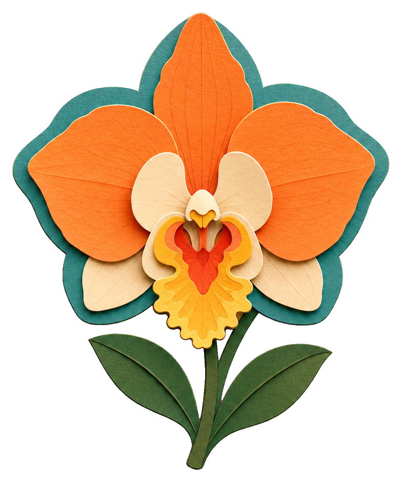 Orange layered paper cut orchid with green leaves on a transparent background