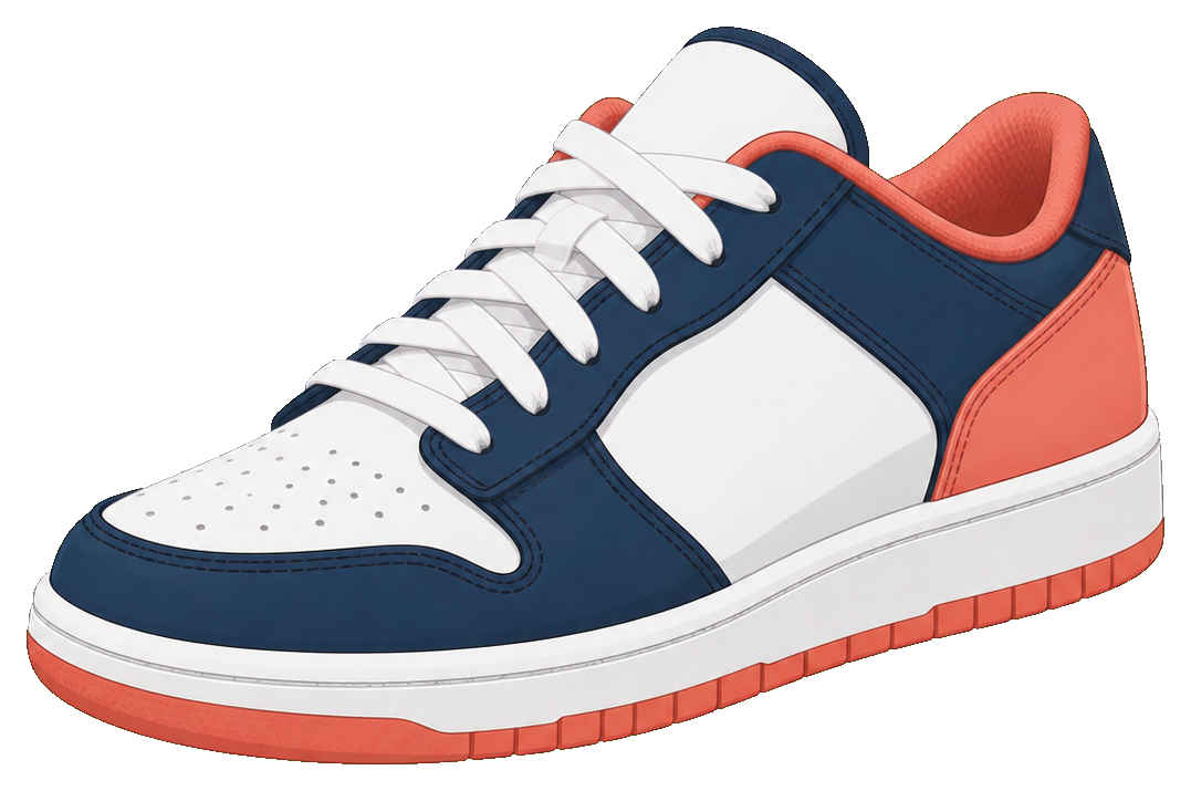 Colorful sneaker illustration with white, navy, coral, and orange details
