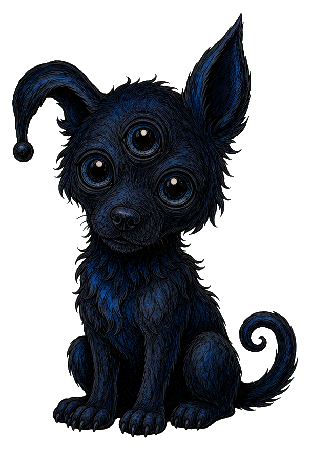Three-eyed dark blue alien dog with large antenna-like ears and curled tail.