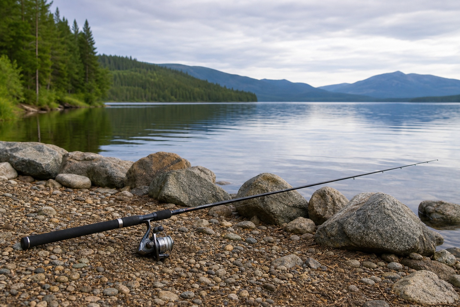 Fishing rod resting on a rocky shore beside a calm lake and distant mountains.