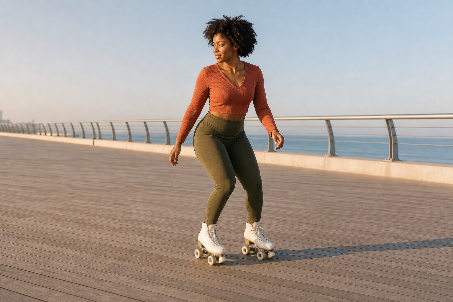 Woman roller skating on a boardwalk beside the ocean at sunset.