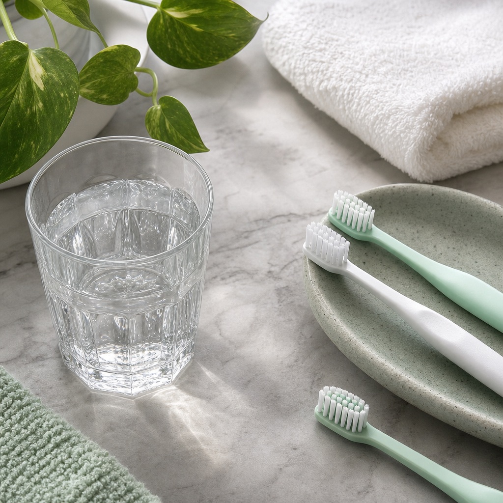 Toothbrushes, a glass of water, towel, and plant on a clean bathroom surface.