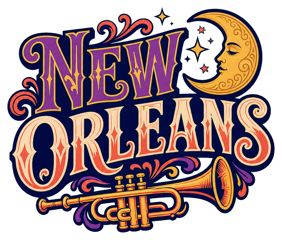 Retro New Orleans word art with a crescent moon and trumpet illustration