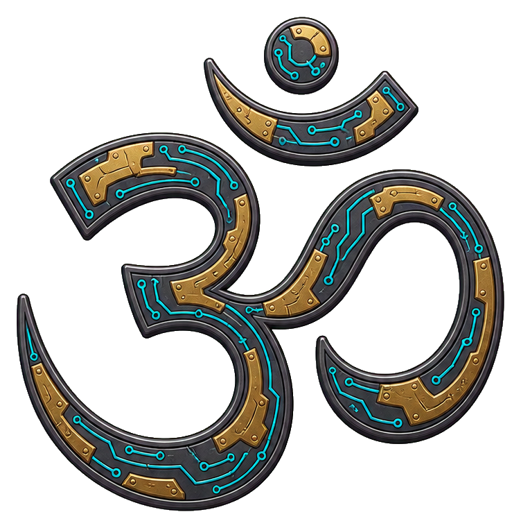 Decorative om symbol with a mechanical inlay style and gold accents.