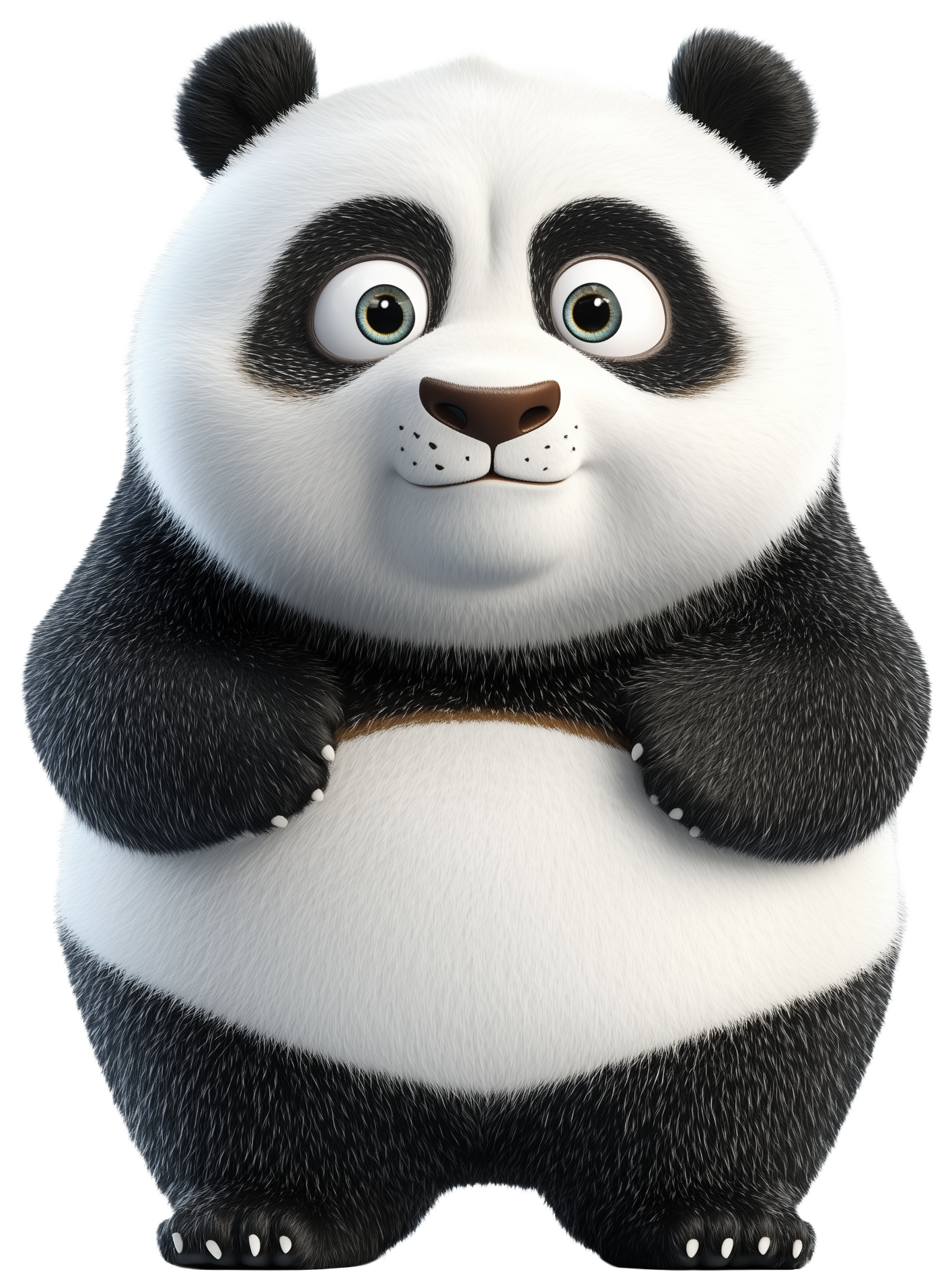 Cute 3D cartoon panda standing with front paws together and a friendly smile.