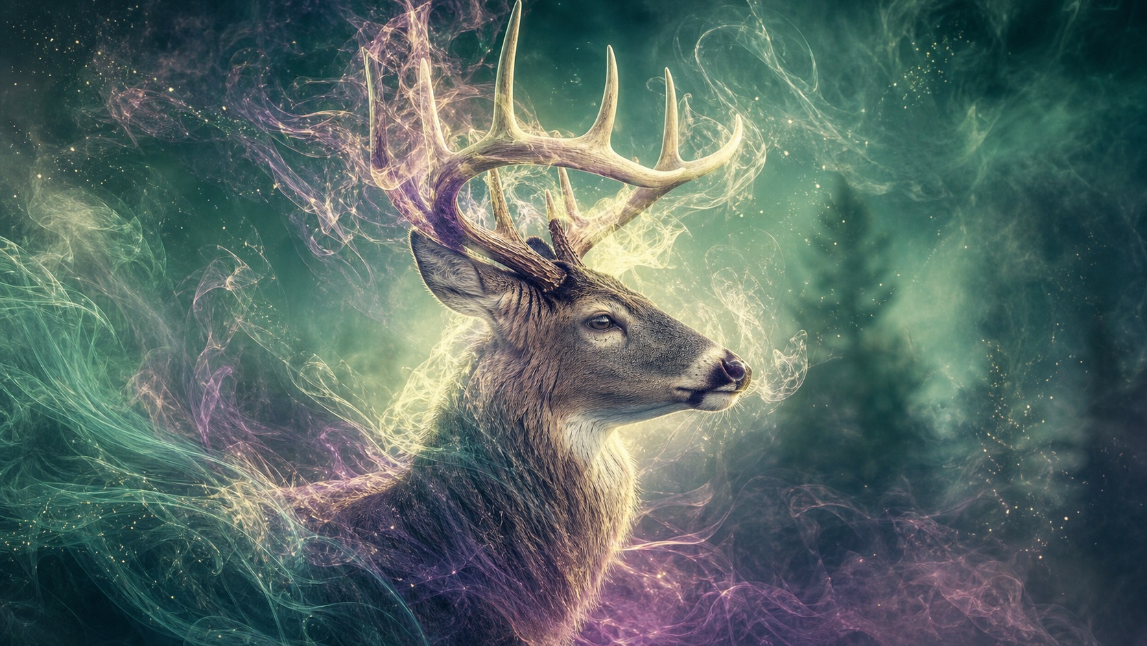 Glowing white tailed deer standing in colorful mist with forest light.