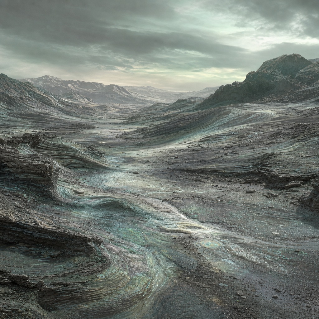 Iridescent dry ravine crossing a futuristic desert landscape under jade twilight skies.