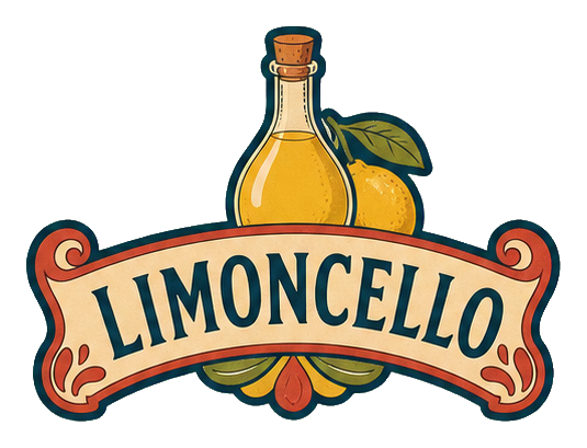 Illustrated limoncello bottle with decorative banner and citrus leaves.