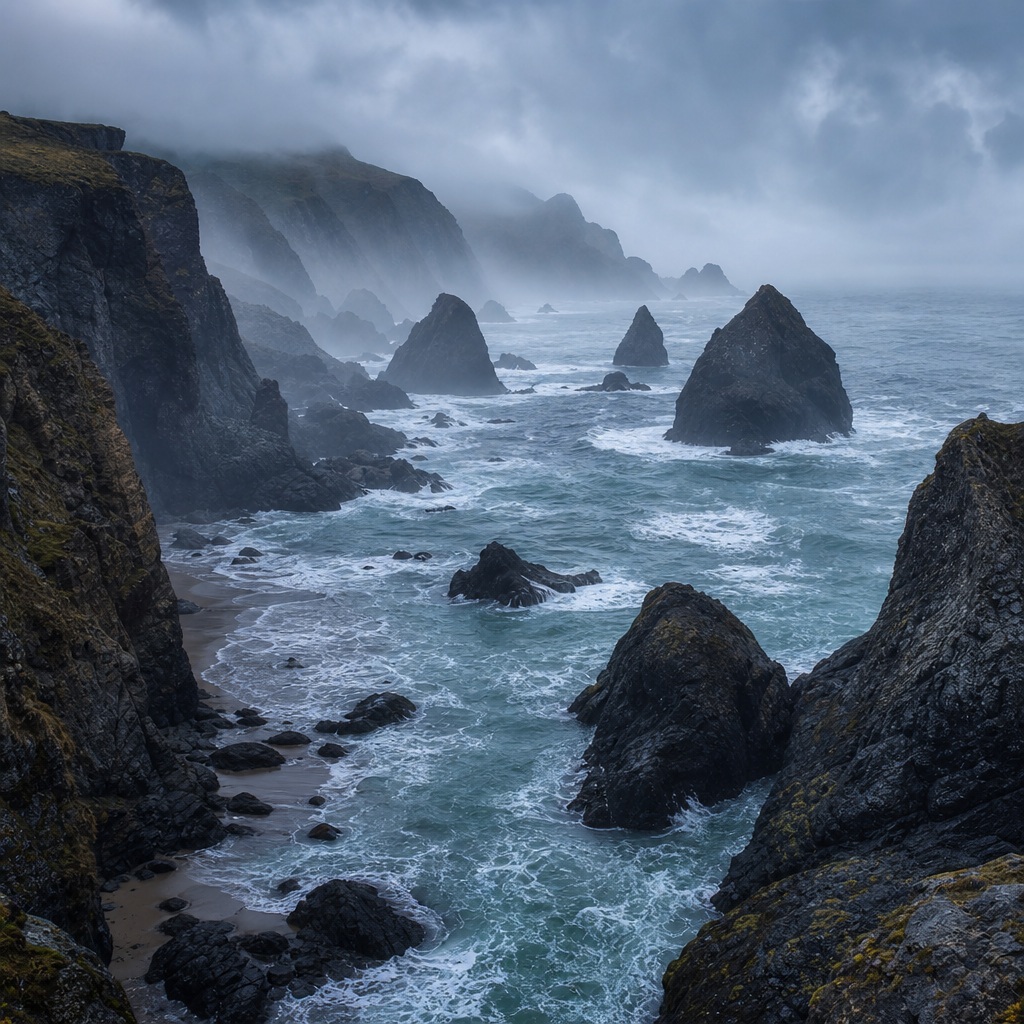 Misty blue ocean waves crashing around dark sea stacks and rocky cliffs.