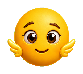 Yellow smiling emoji face with wings on its cheeks and open hands.