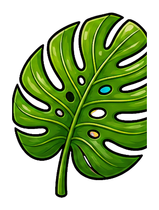 Green monstera leaf sticker with split leaves and a long stem on a transparent background