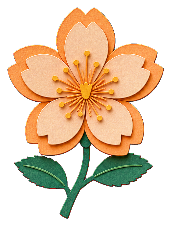 Layered paper cherry blossom with peach petals, yellow center, and green leaves