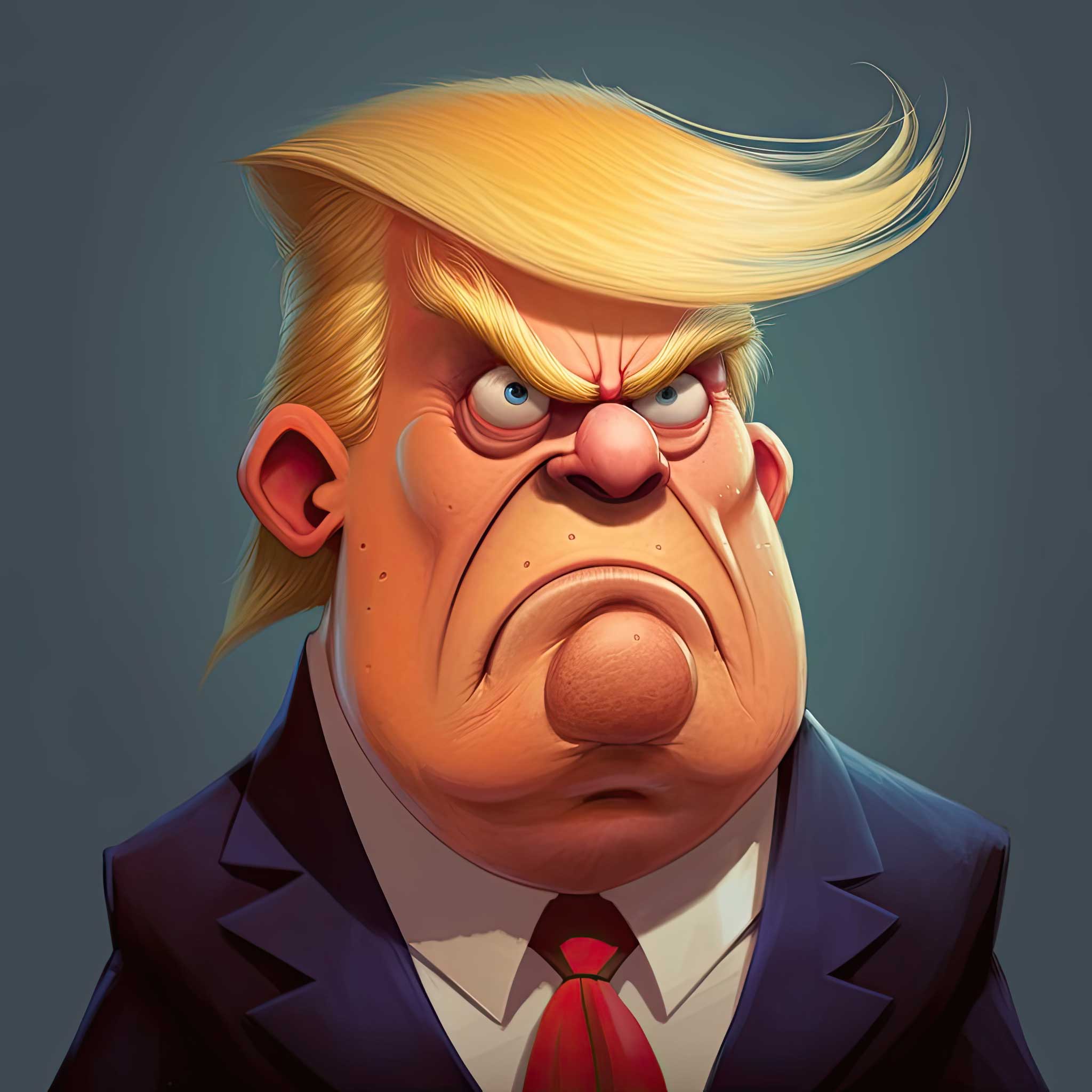 Angry cartoon portrait of Donald Trump with stern expression and swept blond hair