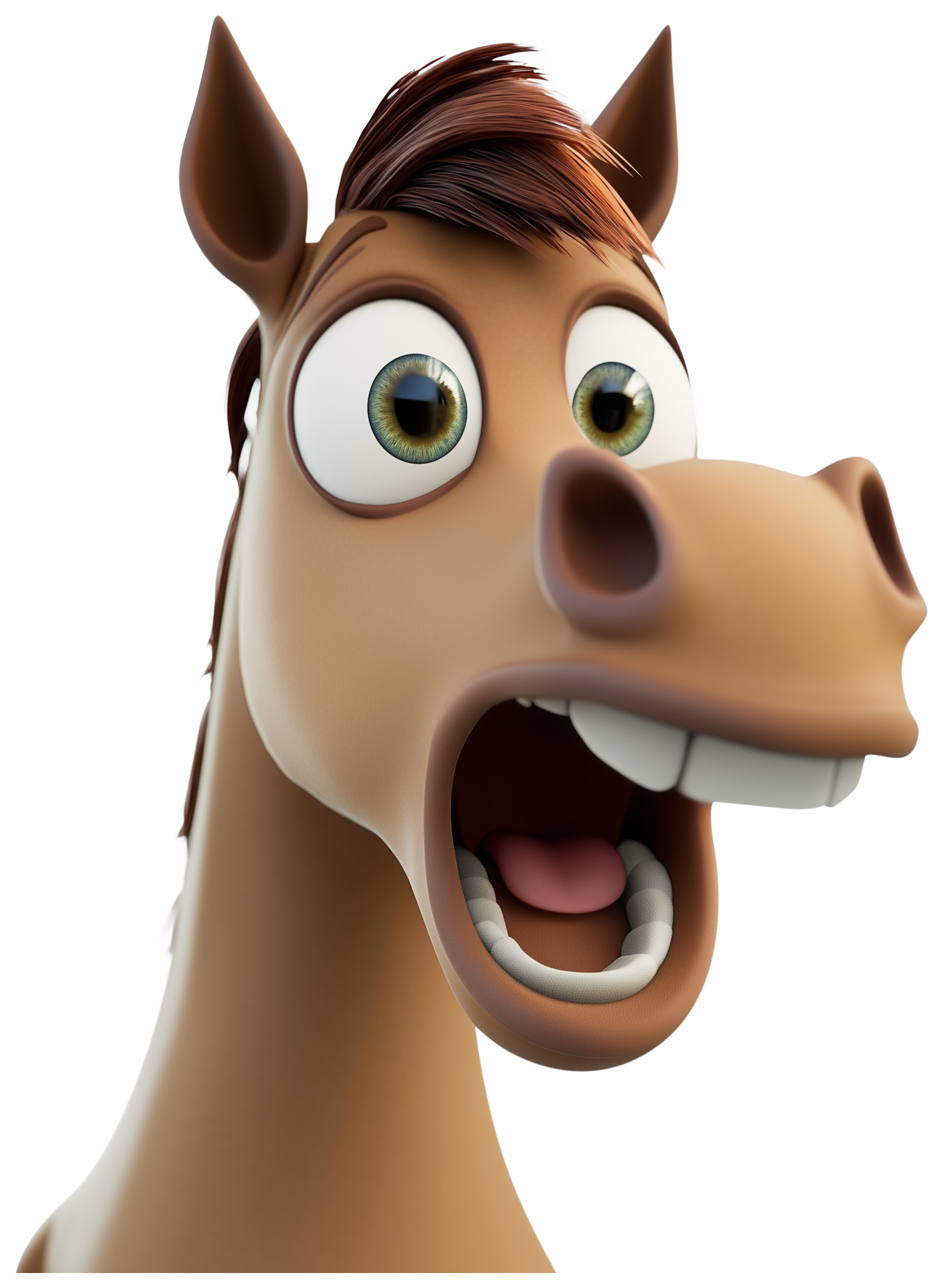 Cartoon horse head with wide eyes and open mouth in a surprised expression