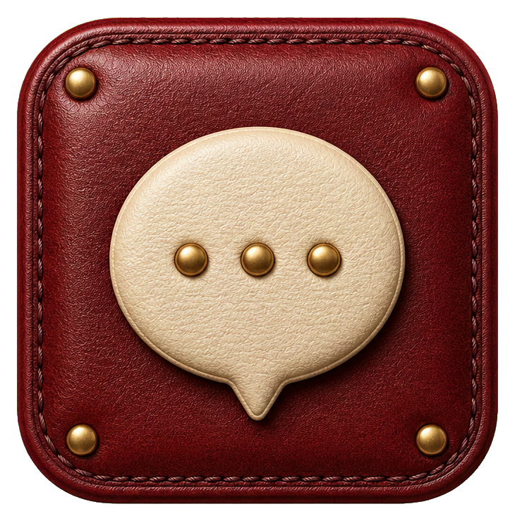 Square leather-style messages app icon with a beige speech bubble and gold dots