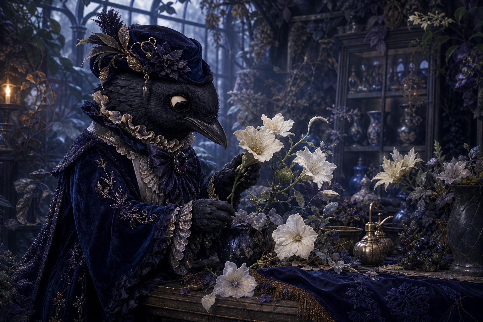 A gothic raven dressed in dark velvet arranging white flowers in a moody interior.