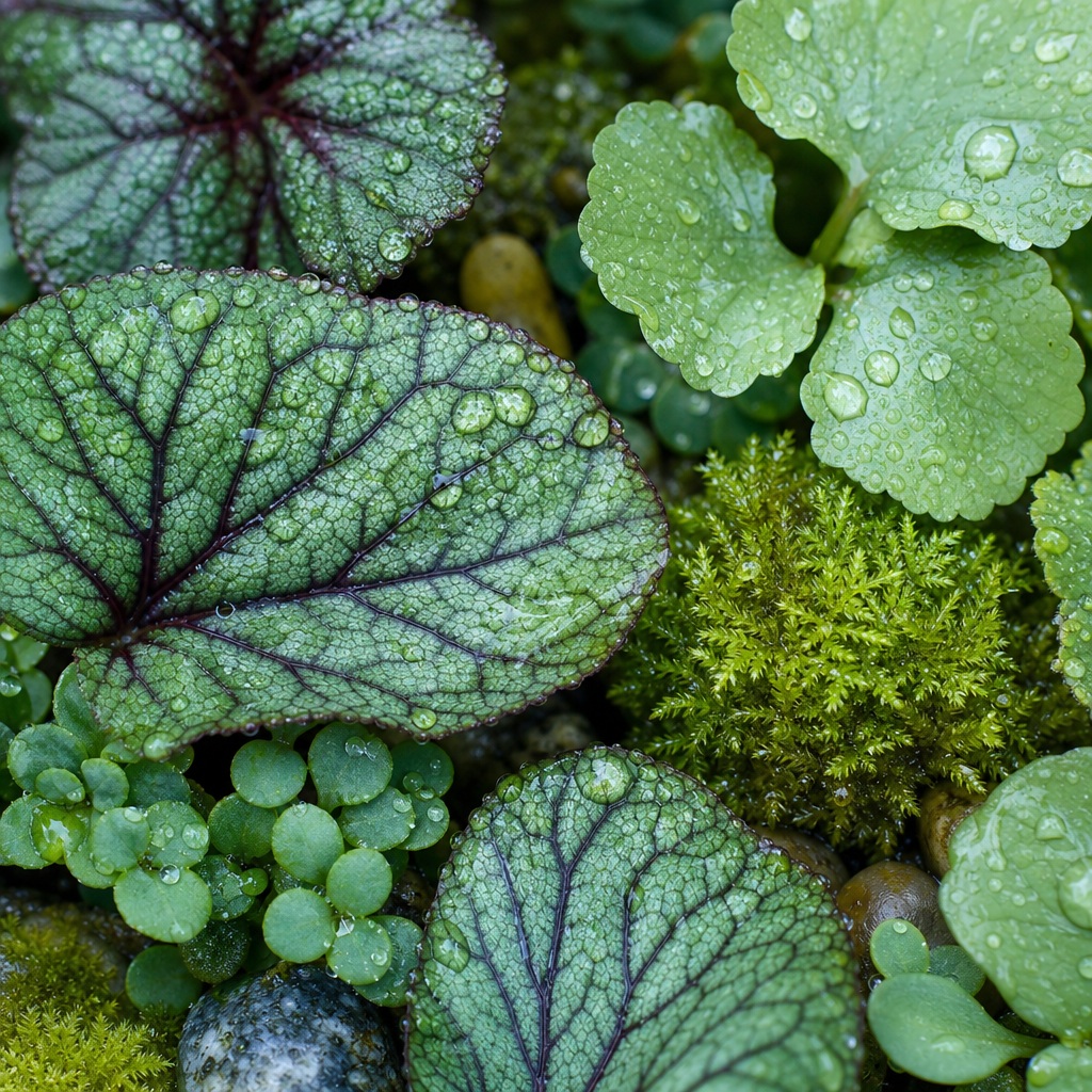 Close-up of wet green leaves, moss, and rain droplets in a garden macro scene.