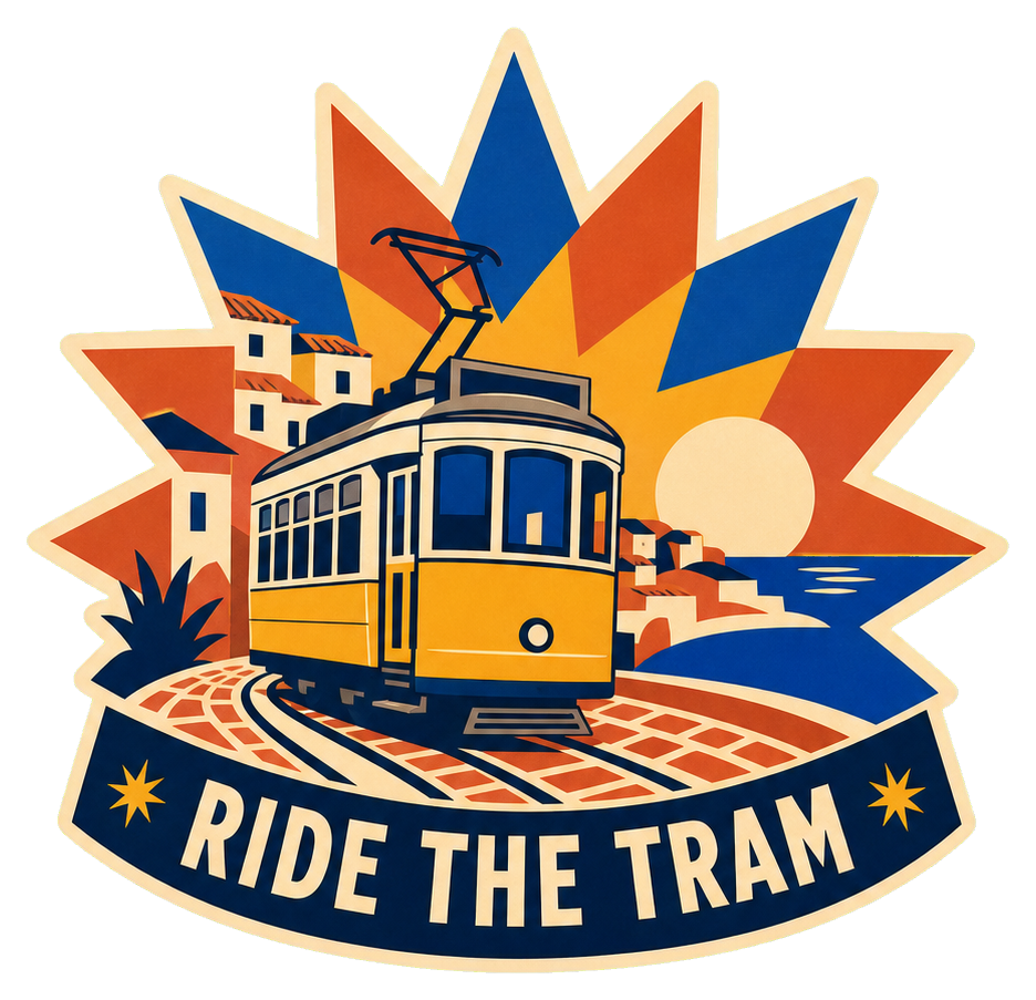 Retro illustrated tram badge with stars and the words Ride the Tram