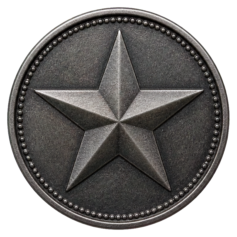 Dark metal coin sticker with a raised five-point star in the center.