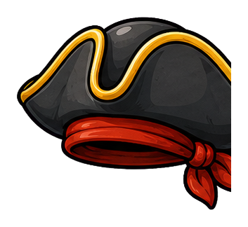 Black tricorn pirate hat with a red band and tied red scarf