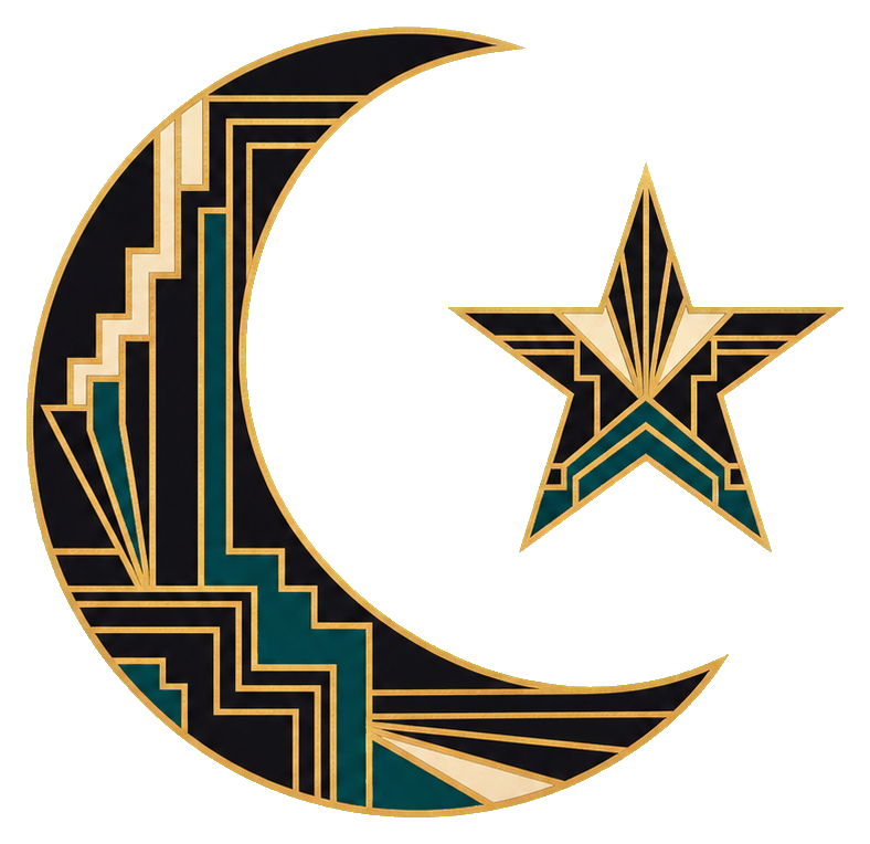 Gold and black art deco crescent moon with a matching star emblem.