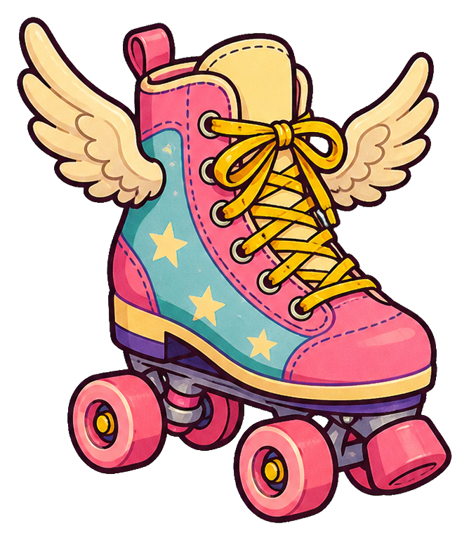 Pink roller skate with yellow wings, star accents, and bright wheels