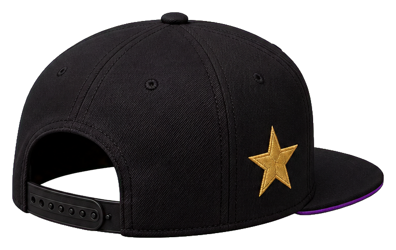 Black flat brim cap with a gold star on the side